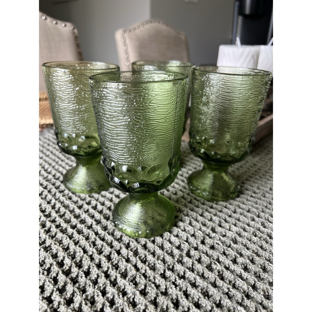 Vintage Tiffin Franciscan Madeira Olive Green Goblets Set of 4 Textured Glass